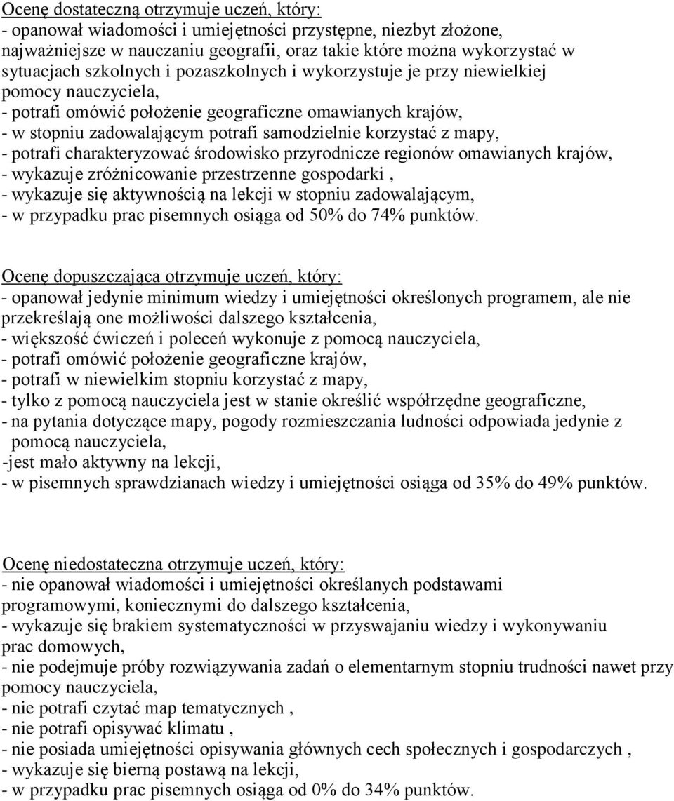 mapy, - potrafi charakteryzować środowisko przyrodnicze regionów omawianych krajów, - wykazuje zróżnicowanie przestrzenne gospodarki, - wykazuje się aktywnością na lekcji w stopniu zadowalającym, - w