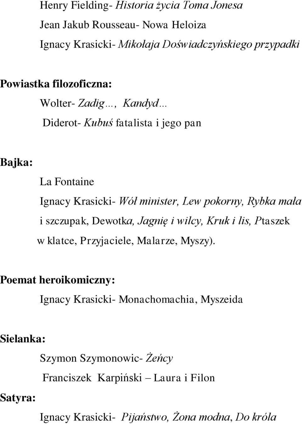 mała i szczupak, Dewotka, Jagnię i wilcy, Kruk i lis, Ptaszek w klatce, Przyjaciele, Malarze, Myszy).