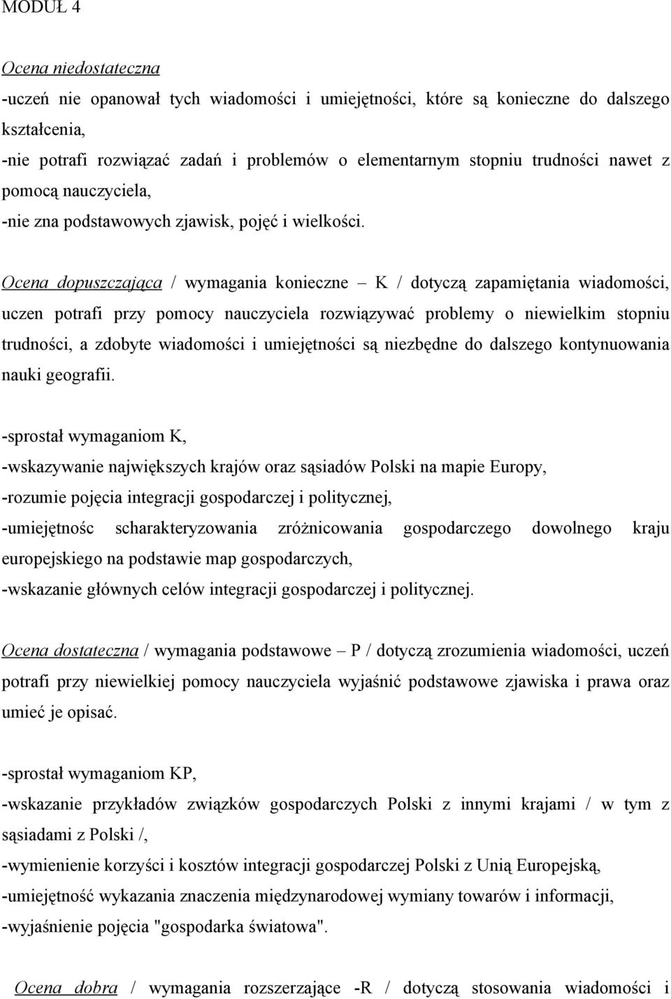 Ocena dopuszczająca / wymagania konieczne K / dotyczą zapamiętania wiadomości, uczen potrafi przy pomocy nauczyciela rozwiązywać problemy o niewielkim stopniu trudności, a zdobyte wiadomości i