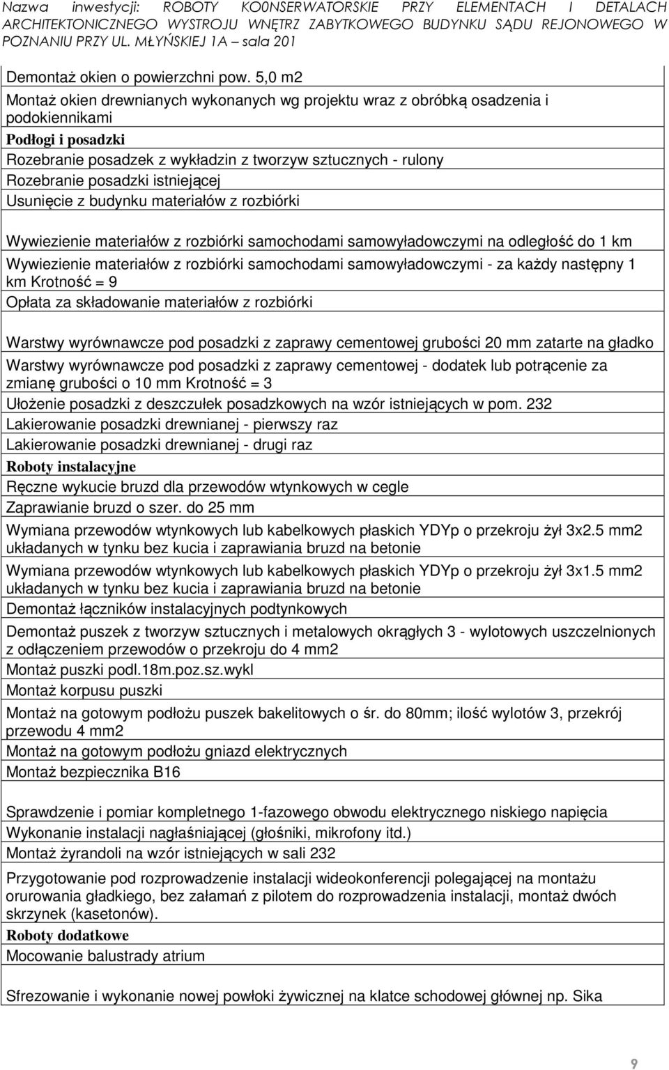 istniejącej Usunięcie z budynku materiałów z rozbiórki Wywiezienie materiałów z rozbiórki samochodami samowyładowczymi na odległość do 1 km Wywiezienie materiałów z rozbiórki samochodami
