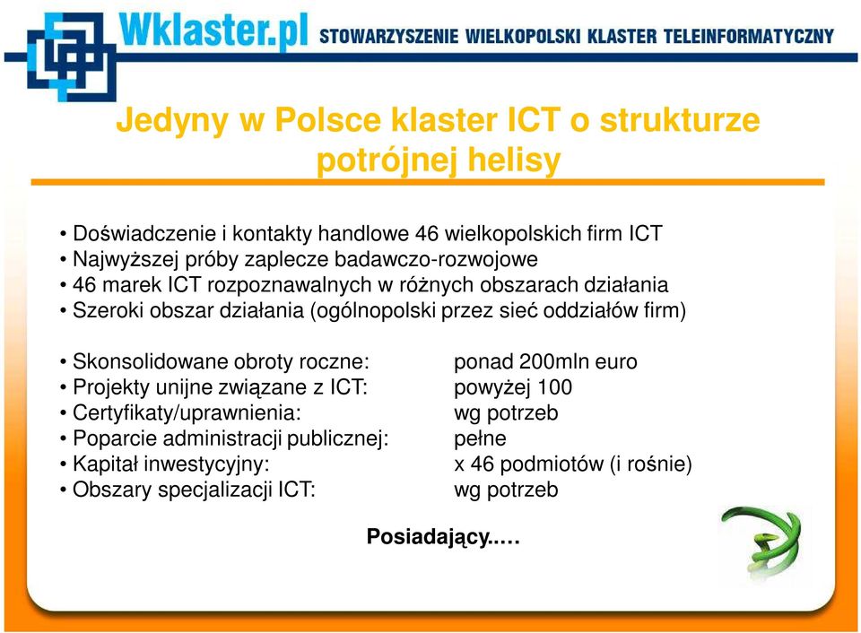 oddziałów firm) Skonsolidowane obroty roczne: ponad 200mln euro Projekty unijne związane z ICT: powyŝej 100 Certyfikaty/uprawnienia: wg