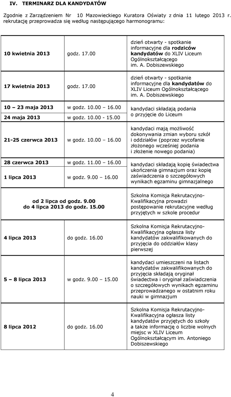 Dobiszewskiego dzień otwarty - spotkanie informacyjne dla kandydatów do XLIV Liceum Ogólnokształcącego im. A. Dobiszewskiego 10 23 maja 2013 w godz. 10.00 16.