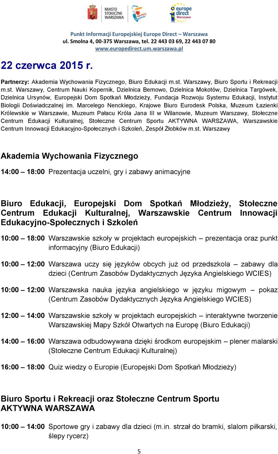 Warszawy, Centrum Nauki Kopernik, Dzielnica Bemowo, Dzielnica Mokotów, Dzielnica Targówek, Dzielnica Ursynów, Europejski Dom Spotkań Młodzieży, Fundacja Rozwoju Systemu Edukacji, Instytut Biologii