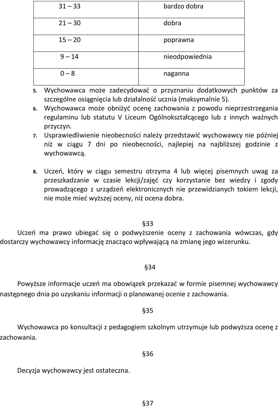 Wychowawca może obniżyć ocenę zachowania z powodu nieprzestrzegania regulaminu lub statutu V Liceum Ogólnokształcącego lub z innych ważnych przyczyn. 7.