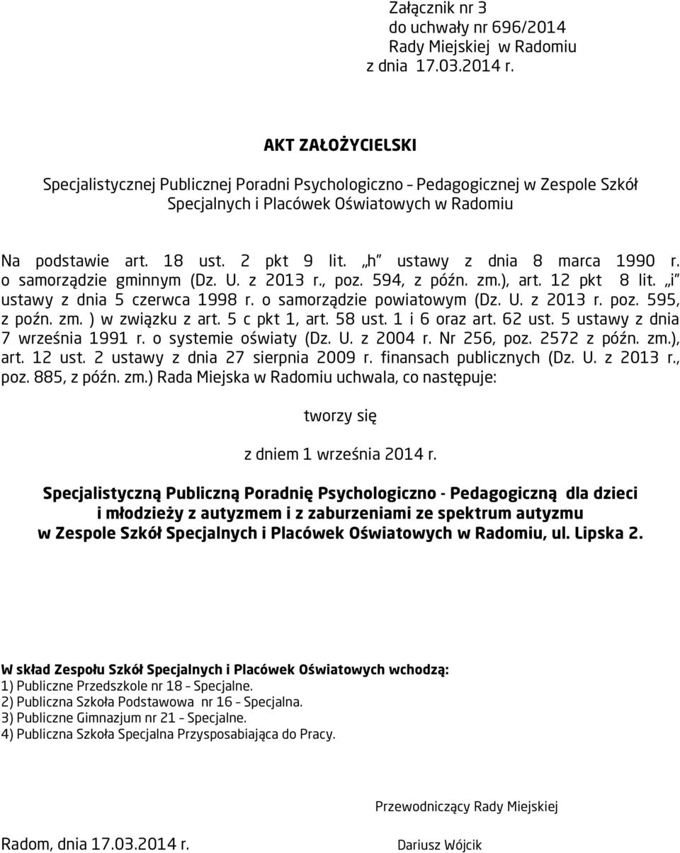 h ustawy z dnia 8 marca 1990 r. o samorządzie gminnym (Dz. U. z 2013 r., poz. 594, z późn. zm.), art. 12 pkt 8 lit. i ustawy z dnia 5 czerwca 1998 r. o samorządzie powiatowym (Dz. U. z 2013 r. poz. 595, z poźn.