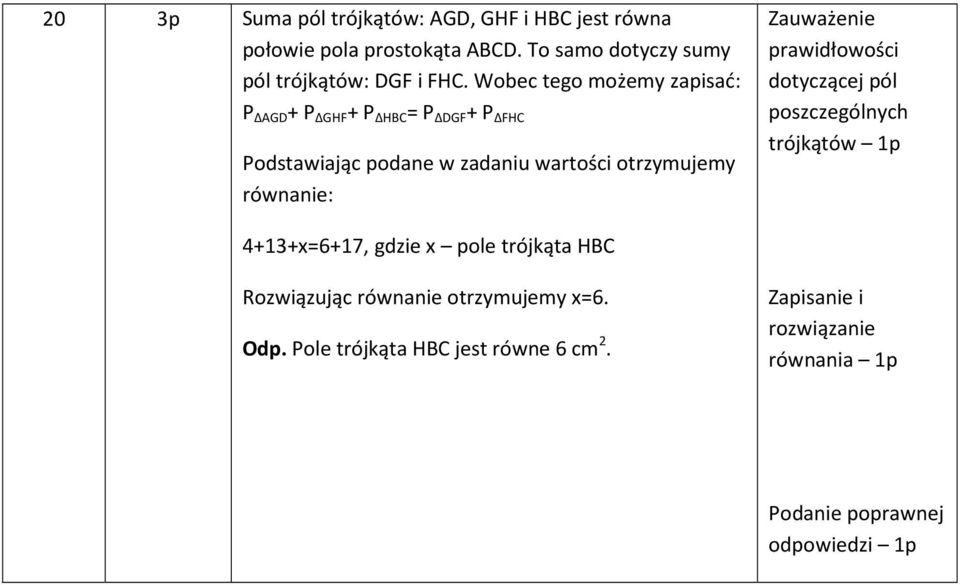 Zauważenie prawidłowości dotyczącej pól poszczególnych trójkątów 1p 4+13+x=6+17, gdzie x pole trójkąta HBC Rozwiązując równanie