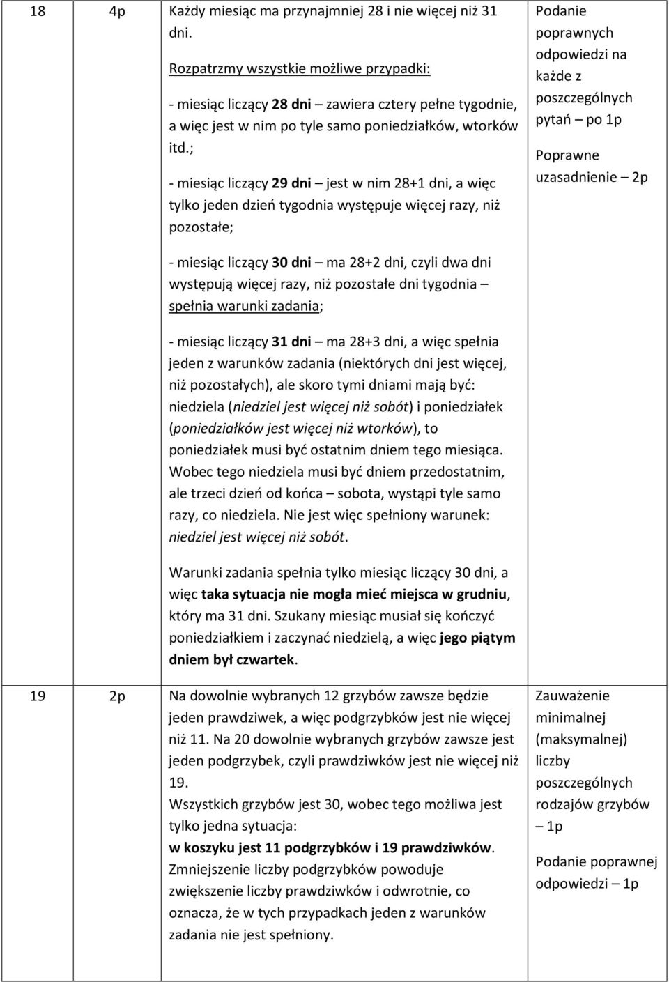 ; - miesiąc liczący 29 dni jest w nim 28+1 dni, a więc tylko jeden dzień tygodnia występuje więcej razy, niż pozostałe; Podanie poprawnych odpowiedzi na każde z poszczególnych pytań po 1p Poprawne