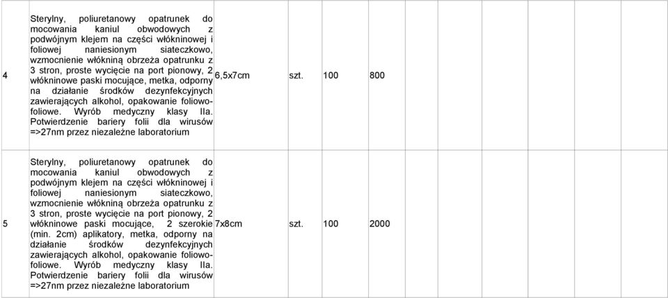 100 800 na działanie środków dezynfekcyjnych mocowania kaniul obwodowych z podwójnym klejem na części włókninowej i foliowej naniesionym siateczkowo,