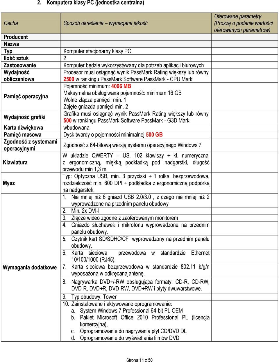 Software PassMark - CPU Mark Pojemność minimum: 4096 MB Maksymalna obsługiwana pojemność: minimum 16 GB Wolne złącza pamięci: min. 1 Zajęte gniazda pamięci min.