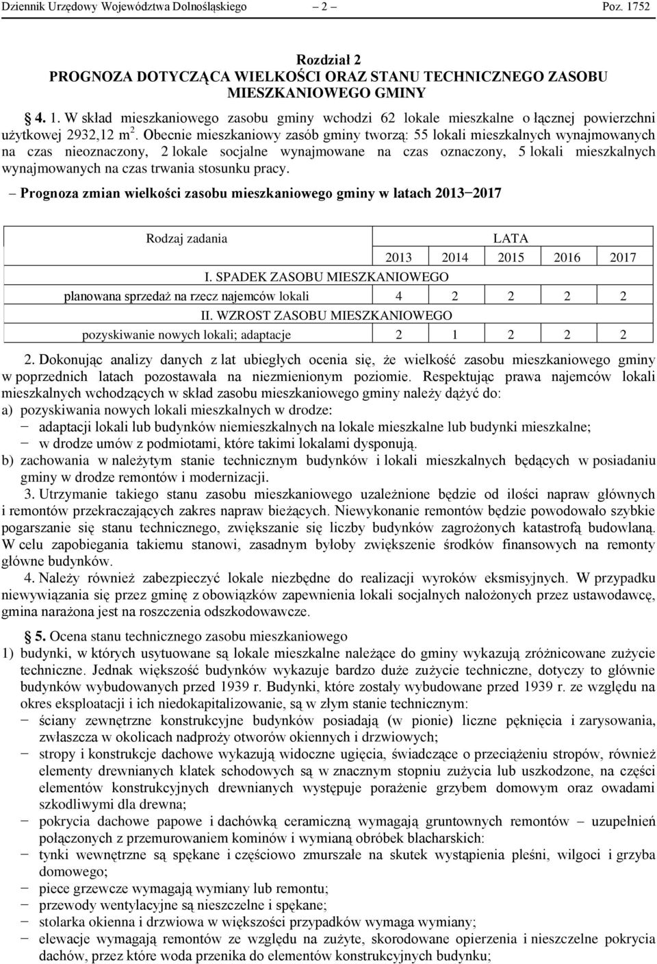 trwania stosunku pracy. Prognoza zmian wielkości zasobu mieszkaniowego gminy w latach 2013 2017 Rodzaj zadania I.