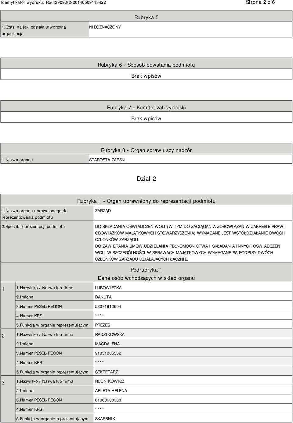 Sposób reprezentacji podmiotu ZARZĄD DO SKŁADANIA OŚWIADCZEŃ WOLI (W TYM DO ZACIĄGANIA ZOBOWIĄZAŃ W ZAKRESIE PRAW I OBOWIĄZKÓW MAJĄTKOWYCH STOWARZYSZENIA) WYMAGANE JEST WSPÓŁDZIAŁANIE DWÓCH CZŁONKÓW