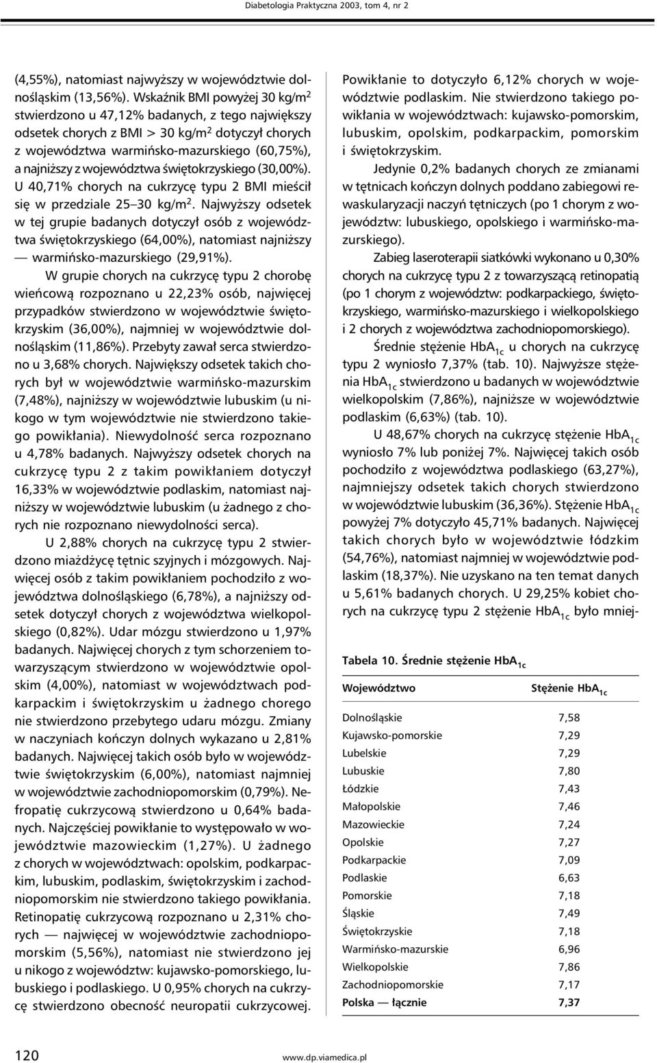 województwa świętokrzyskiego (30,00%). U 40,71% chorych na cukrzycę typu 2 BMI mieścił się w przedziale 25 30 kg/m 2.