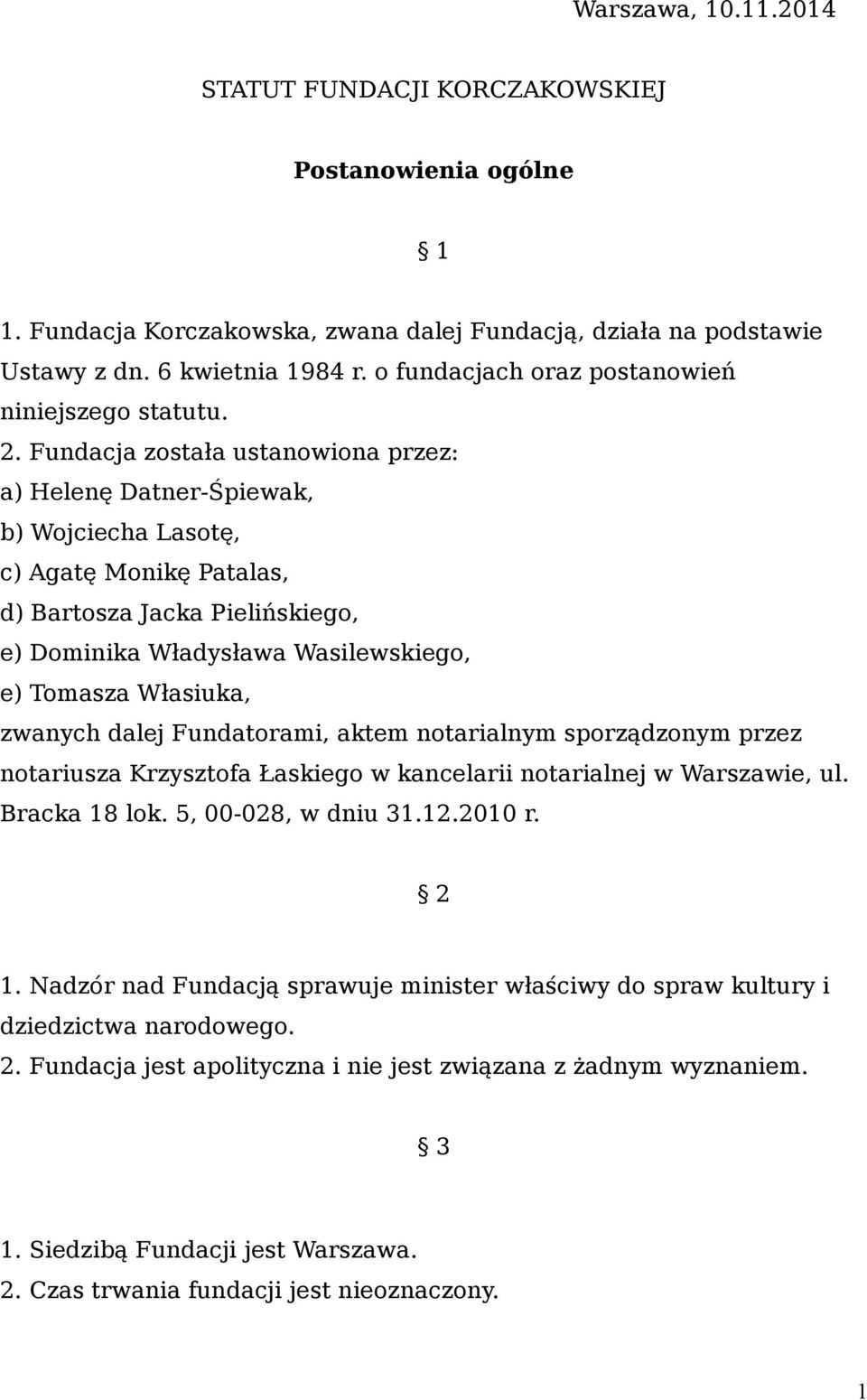 Fundacja została ustanowiona przez: a) Helenę Datner-Śpiewak, b) Wojciecha Lasotę, c) Agatę Monikę Patalas, d) Bartosza Jacka Pielińskiego, e) Dominika Władysława Wasilewskiego, e) Tomasza Własiuka,