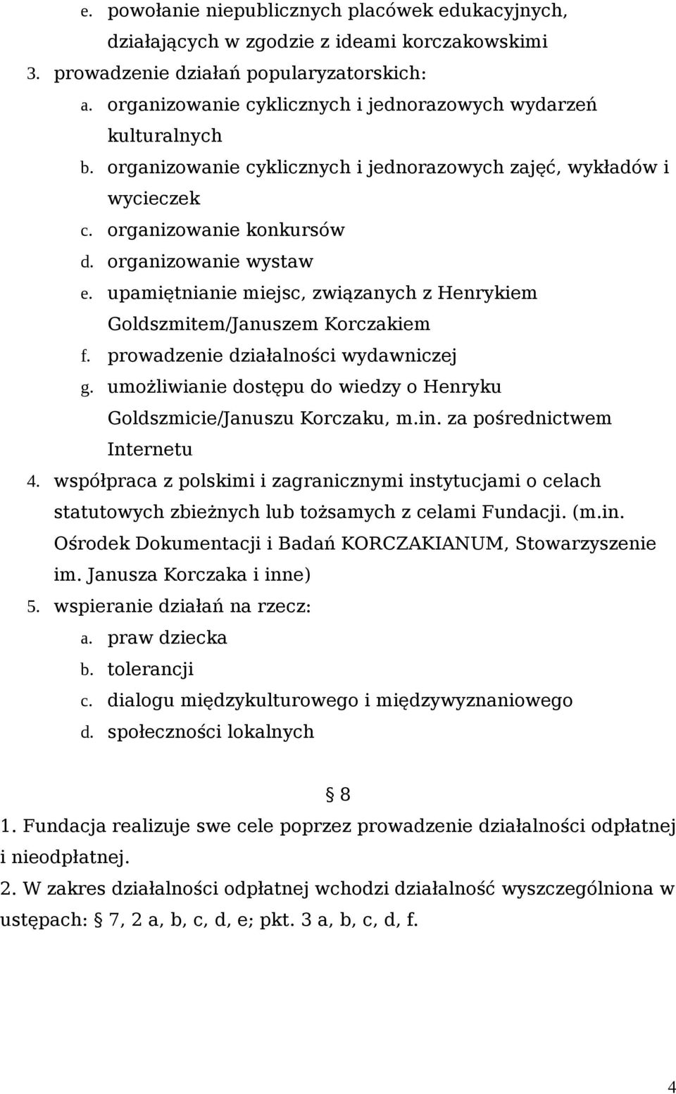 upamiętnianie miejsc, związanych z Henrykiem Goldszmitem/Januszem Korczakiem f. prowadzenie działalności wydawniczej g. umożliwianie dostępu do wiedzy o Henryku Goldszmicie/Januszu Korczaku, m.in.