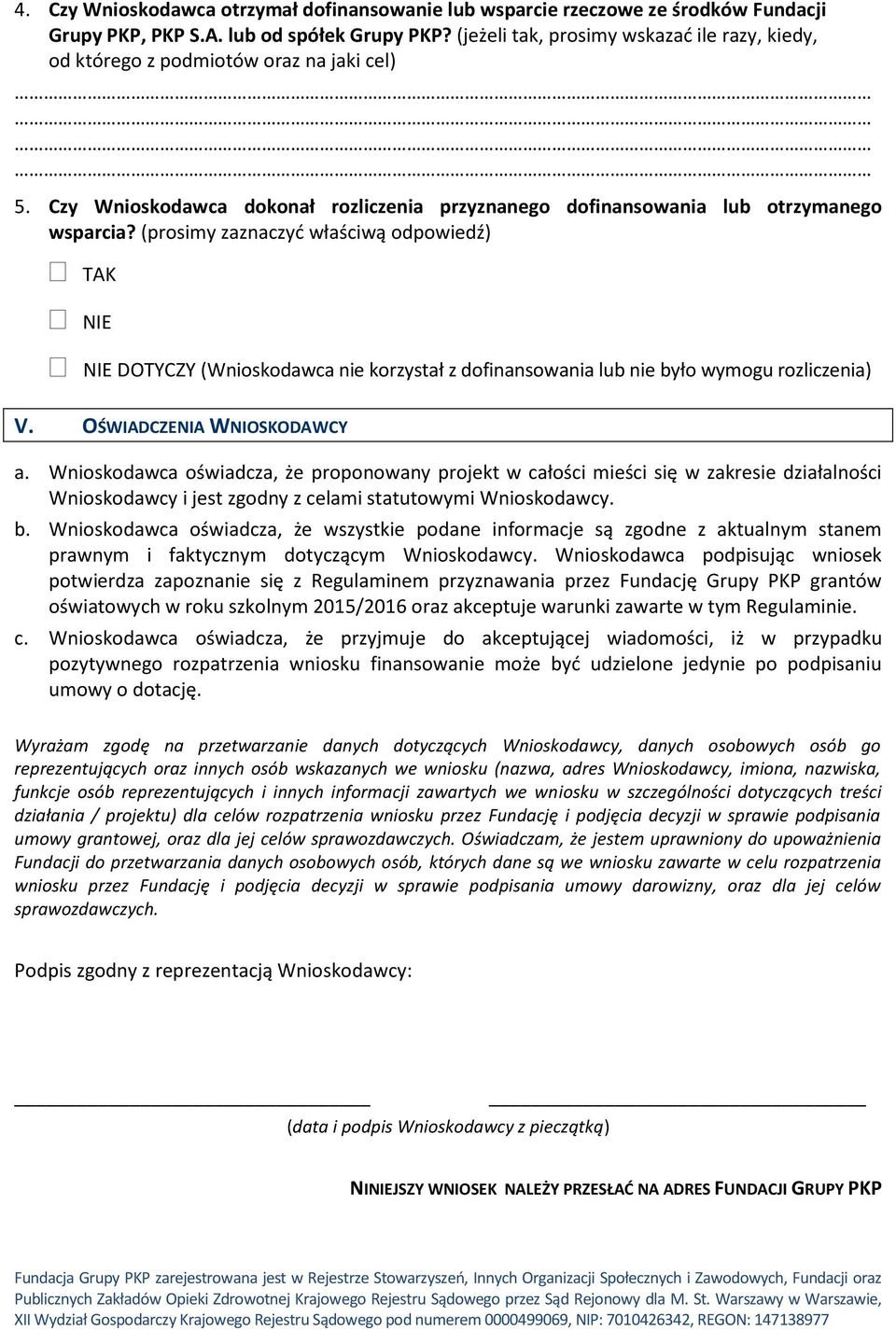 (prosimy zaznaczyć właściwą odpowiedź) TAK NIE NIE DOTYCZY (Wnioskodawca nie korzystał z dofinansowania lub nie było wymogu rozliczenia) V. OŚWIADCZENIA WNIOSKODAWCY a.