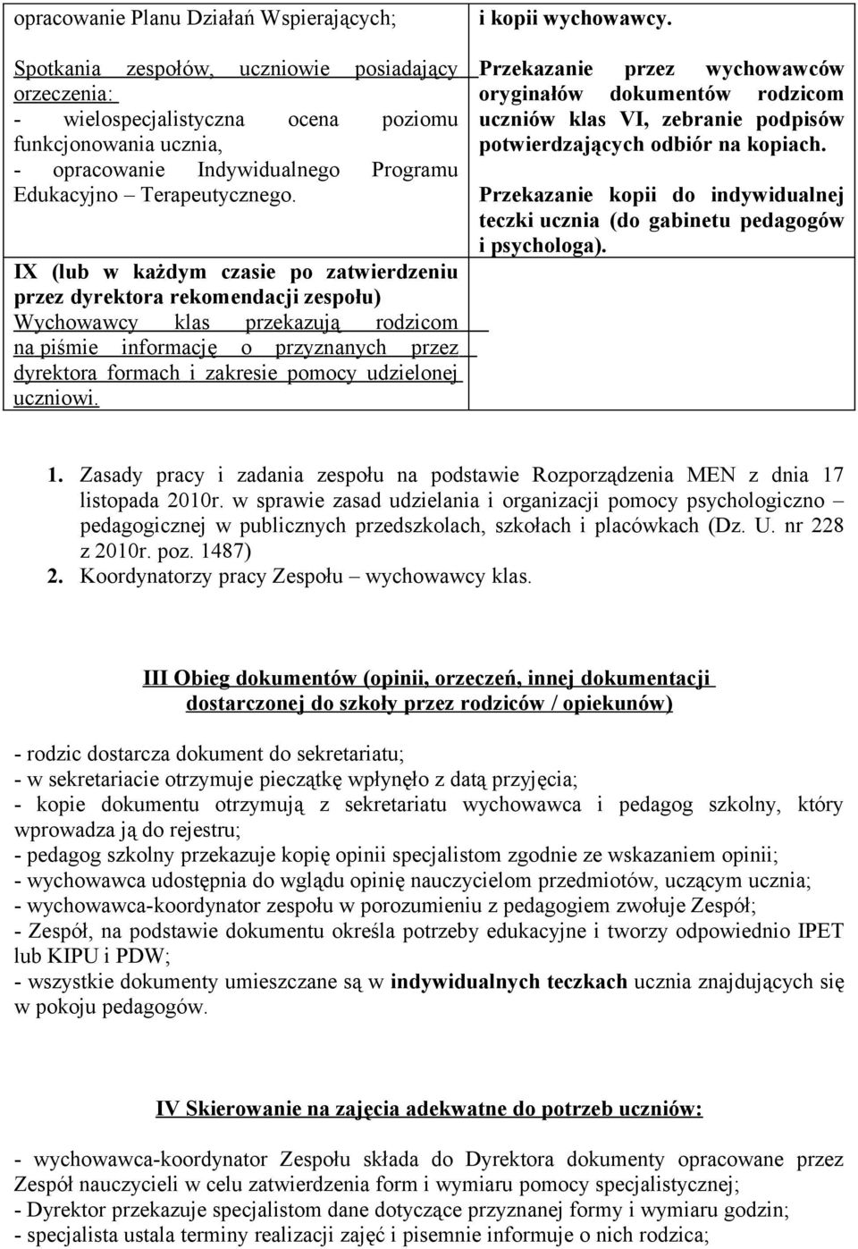 IX (lub w każdym czasie po zatwierdzeniu przez dyrektora rekomendacji zespołu) Wychowawcy klas przekazują rodzicom na piśmie informację o przyznanych przez dyrektora formach i zakresie pomocy