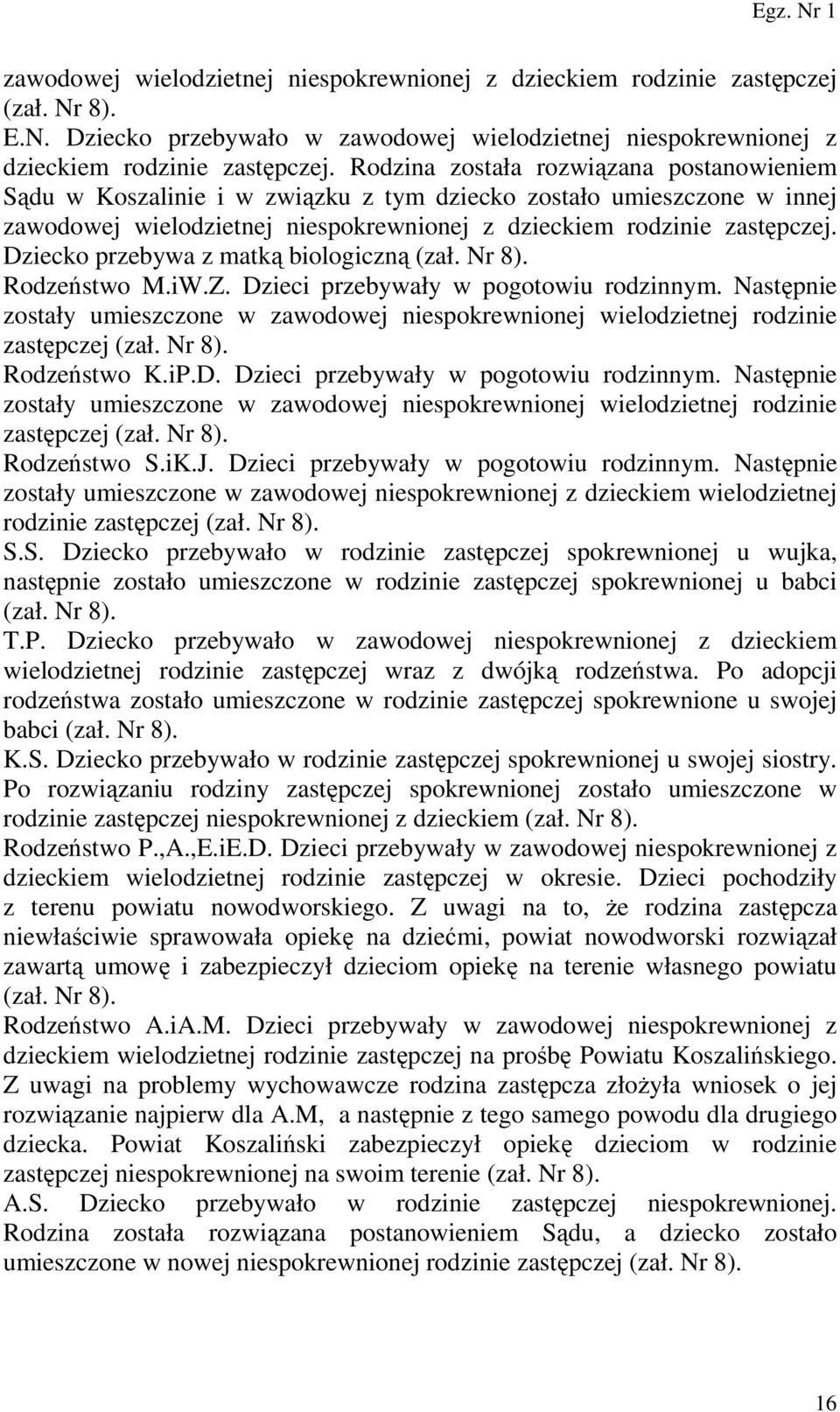 Dziecko przebywa z matką biologiczną (zał. Nr 8). Rodzeństwo M.iW.Z. Dzieci przebywały w pogotowiu rodzinnym.