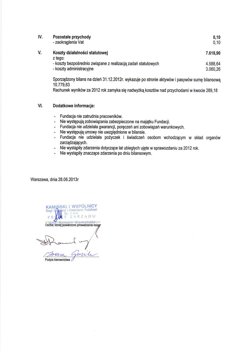 779,63 Rachunek wynik6w 2a2012 rok zamyka sig nadwyzkqkoszt6w pzychodamiw kwocie 289,18 Dodatkowe informacje: - Fundacja nie zatrudnia pracownik6w.