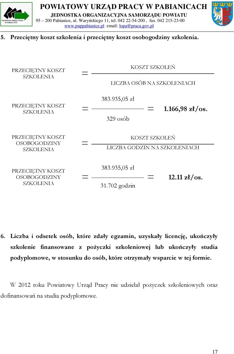 935,05 zł 31.702 godzin = 12.11 zł/os. 6.