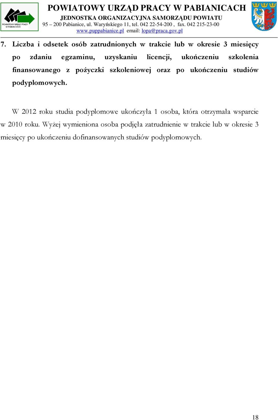 W 2012 roku studia podyplomowe ukończyła 1 osoba, która otrzymała wsparcie w 2010 roku.