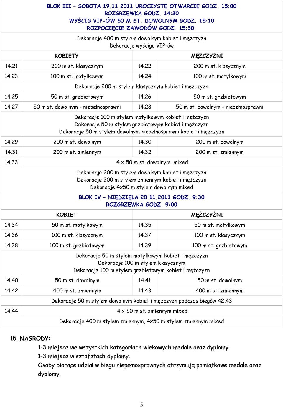 motylkowym Dekoracje 200 m stylem klasycznym kobiet i mężczyzn 14.25 50 m st. grzbietowym 14.26 50 m st. grzbietowym 14.27 50 m st. dowolnym - niepełnosprawni 14.28 50 m st.