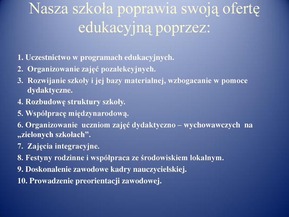 Rozbudowę struktury szkoły. 5. Współpracę międzynarodową. 6.