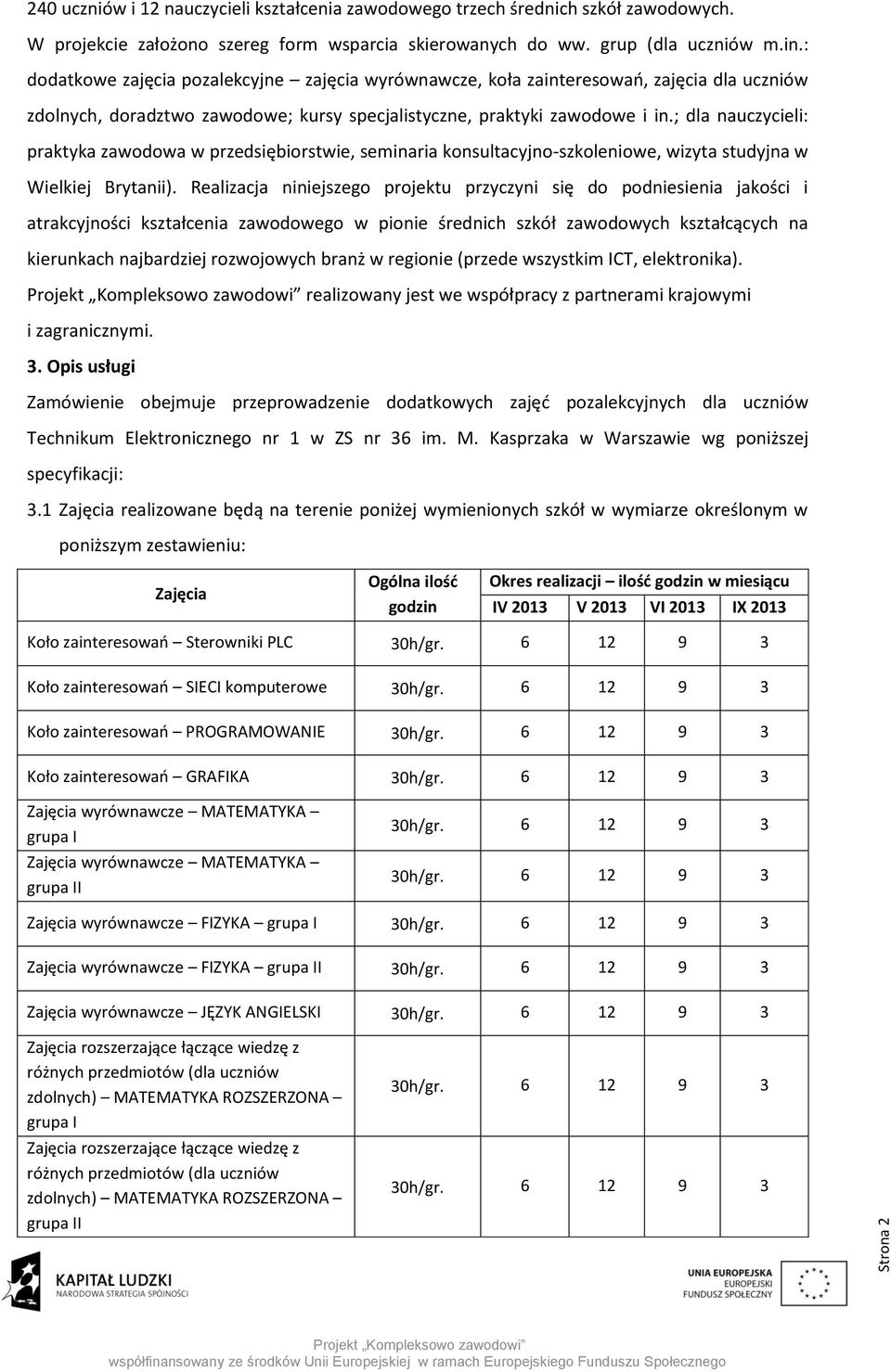 ; dla nauczycieli: praktyka zawodowa w przedsiębiorstwie, seminaria konsultacyjno-szkoleniowe, wizyta studyjna w Wielkiej Brytanii).