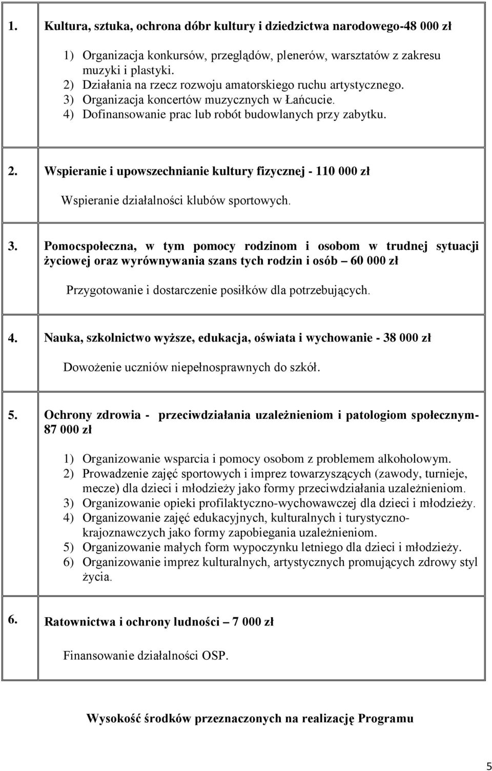 Wspieranie i upowszechnianie kultury fizycznej - 110 000 zł Wspieranie działalności klubów sportowych. 3.