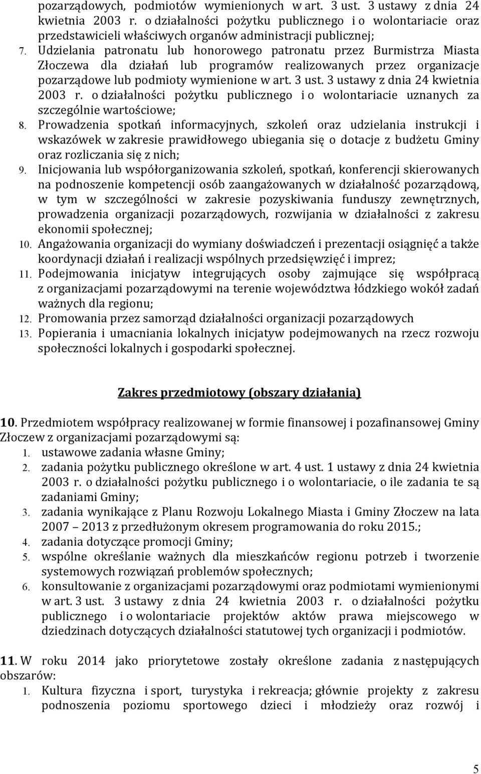 Udzielania patronatu lub honorowego patronatu przez Burmistrza Miasta Złoczewa dla działań lub programów realizowanych przez organizacje pozarządowe lub podmioty wymienione w art. 3 ust.