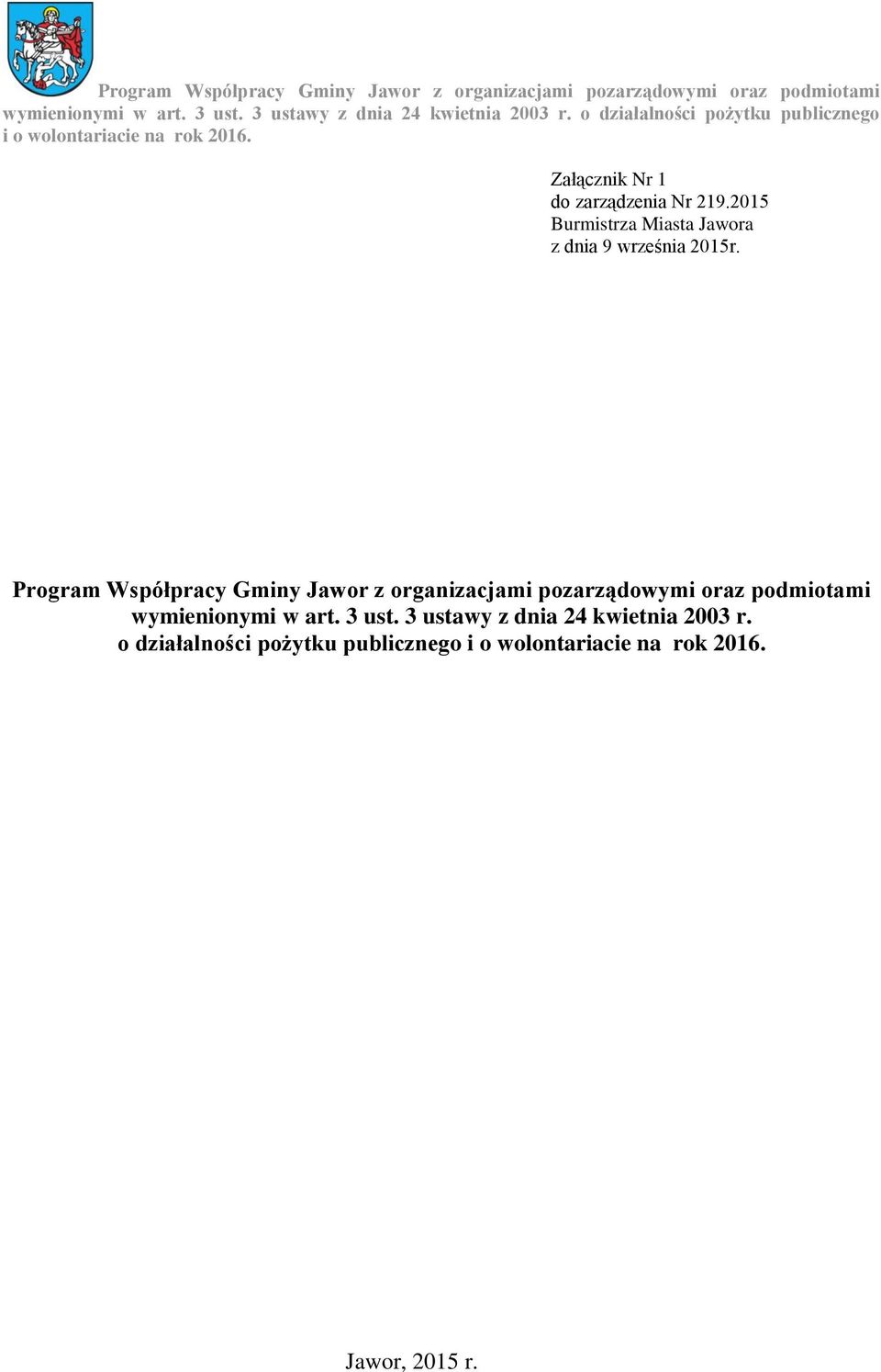 Program Współpracy Gminy Jawor z organizacjami pozarządowymi oraz