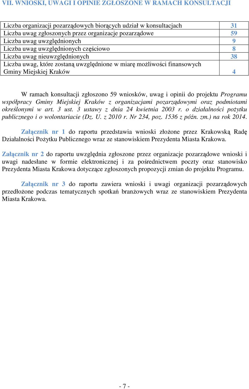 konsultacji zgłoszono 59 wniosków, uwag i opinii do projektu Programu współpracy Gminy Miejskiej Kraków z organizacjami pozarządowymi oraz podmiotami określonymi w art. 3 ust.