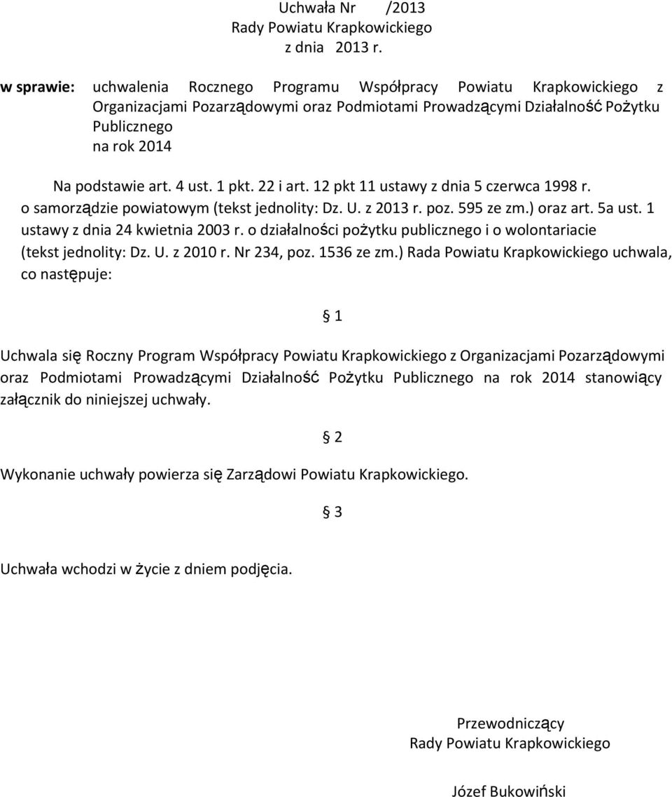 4 ust. 1 pkt. 22 i art. 12 pkt 11 ustawy z dnia 5 czerwca 1998 r. o samorządzie powiatowym (tekst jednolity: Dz. U. z 2013 r. poz. 595 ze zm.) oraz art. 5a ust. 1 ustawy z dnia 24 kwietnia 2003 r.