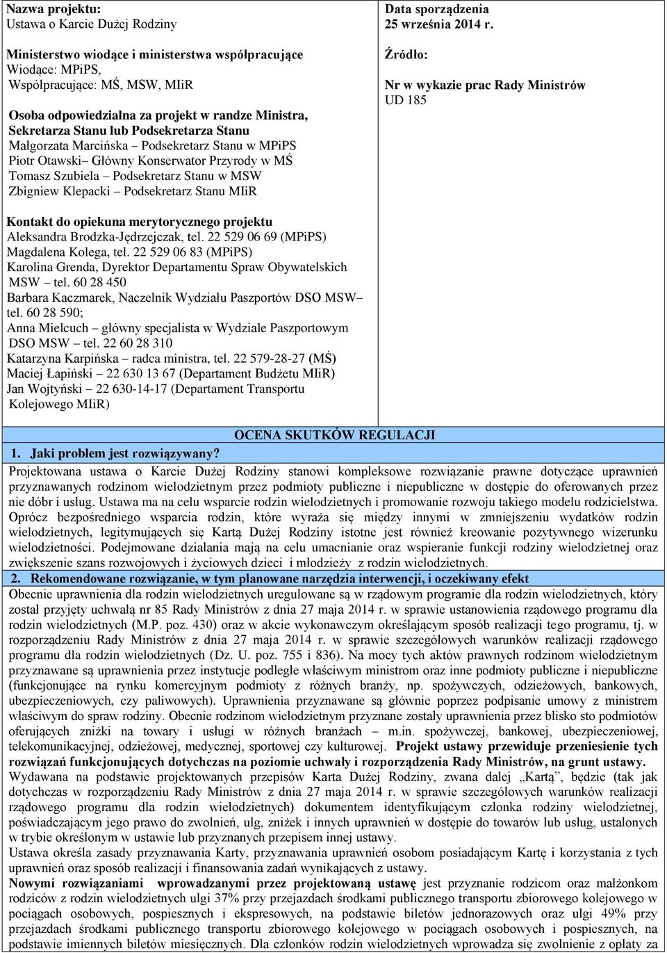 Podsekretarz Stanu MIiR Data sporządzenia 25 września 2014 r. Źródło: Nr w wykazie prac Rady Ministrów UD 185 Kontakt do opiekuna merytorycznego projektu Aleksandra Brodzka-Jędrzejczak, tel.