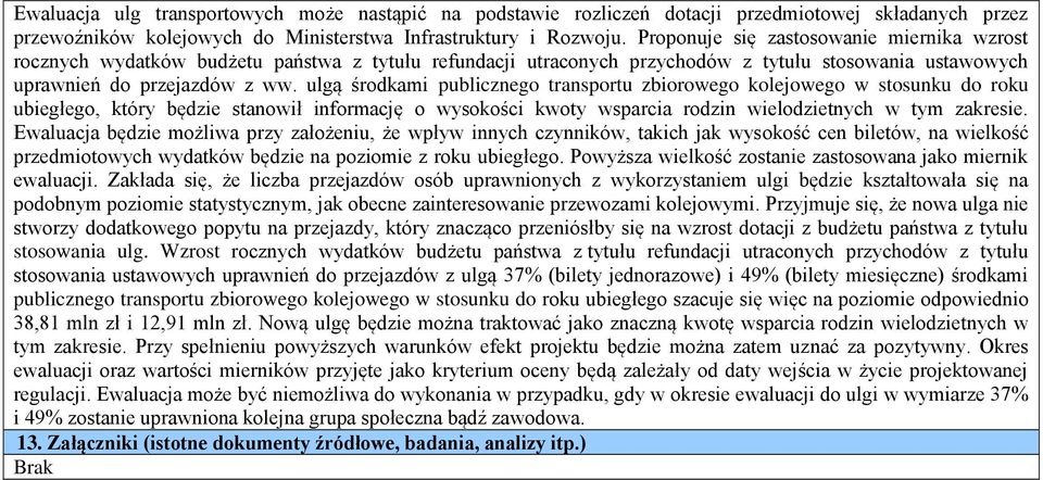 ulgą środkami publicznego transportu zbiorowego kolejowego w stosunku do roku ubiegłego, który będzie stanowił informację o wysokości kwoty wsparcia rodzin wielodzietnych w tym zakresie.