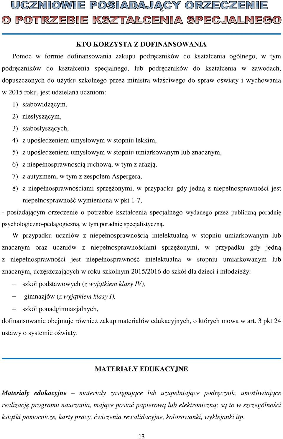 upośledzeniem umysłowym w stopniu lekkim, 5) z upośledzeniem umysłowym w stopniu umiarkowanym lub znacznym, 6) z niepełnosprawnością ruchową, w tym z afazją, 7) z autyzmem, w tym z zespołem