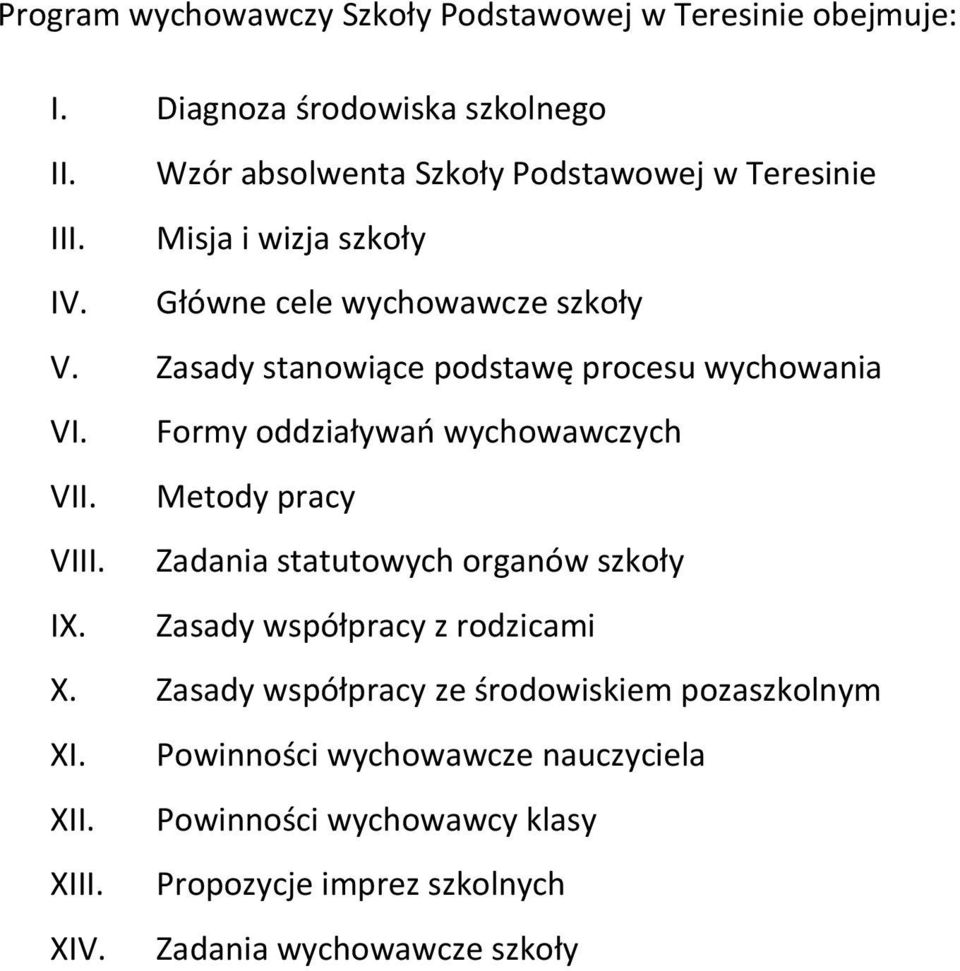 Zasady stanowiące podstawę procesu wychowania VI. Formy oddziaływań wychowawczych VII. Metody pracy VIII.