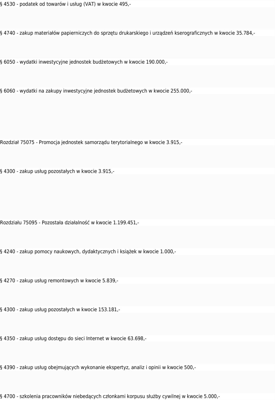 000,- Rozdział 75075 - Promocja jednostek samorządu terytorialnego w kwocie 3.915,- 4300 - zakup usług pozostałych w kwocie 3.915,- Rozdziału 75095 - Pozostała działalność w kwocie 1.199.