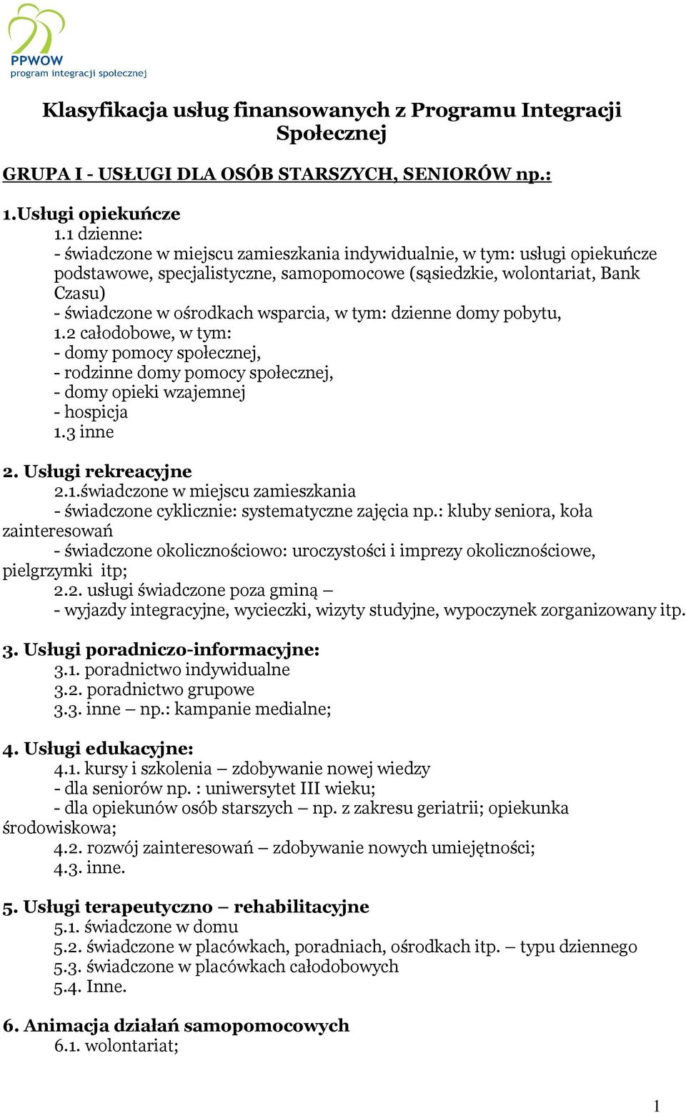 wsparcia, w tym: dzienne domy pobytu, 1.2 całodobowe, w tym: - domy pomocy społecznej, - rodzinne domy pomocy społecznej, - domy opieki wzajemnej - hospicja 1.3 inne 2.1.świadczone w miejscu zamieszkania - świadczone cyklicznie: systematyczne zajęcia np.