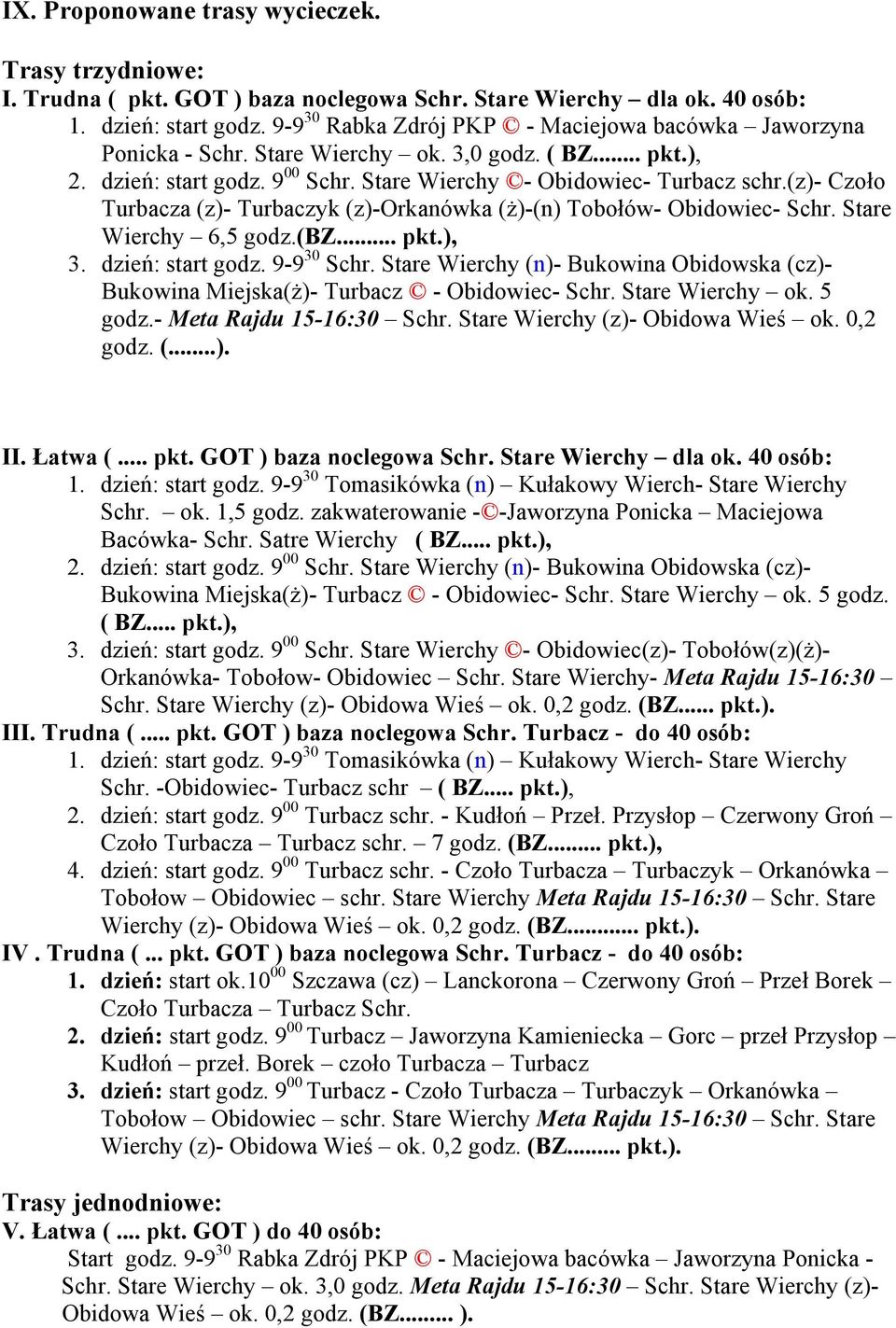 (z)- Czoło Turbacza (z)- Turbaczyk (z)-orkanówka (ż)-(n) Tobołów- Obidowiec- Schr. Stare Wierchy 6,5 godz.(bz... pkt.), 3. dzień: start godz. 9-9 30 Schr.