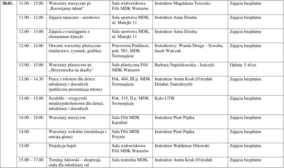 Skrzyneczka na skarby Sala plastyczna Filii MDK Warszów Barbara Napiórkowska - Jończyk Opłata: 5 zł/os. (publiczna prezentacja tekstu) 13.00 15.