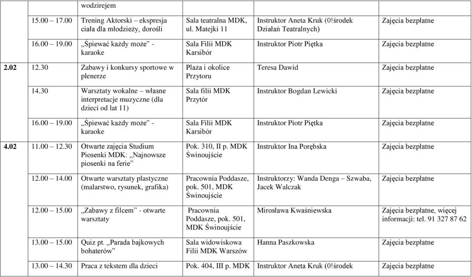 30 Warsztaty wokalne własne interpretacje muzyczne (dla dzieci od lat 11) Sala filii MDK Instruktor Bogdan Lewicki 16.00 19.00 Śpiewać każdy może - karaoke 4.02 11.