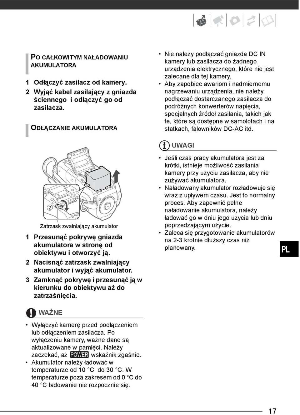 Aby zapobiec awariom i nadmiernemu nagrzewaniu urządzenia, nie należy podłączać dostarczanego zasilacza do podróżnych konwerterów napięcia, specjalnych źródeł zasilania, takich jak te, które są