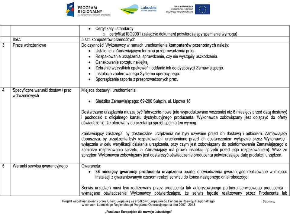 Rozpakowanie urządzenia, sprawdzenie, czy nie wystąpiły uszkodzenia. Oznakowanie sprzętu naklejką. Zebranie wszystkich opakowań i oddanie ich do dyspozycji Zamawiającego.