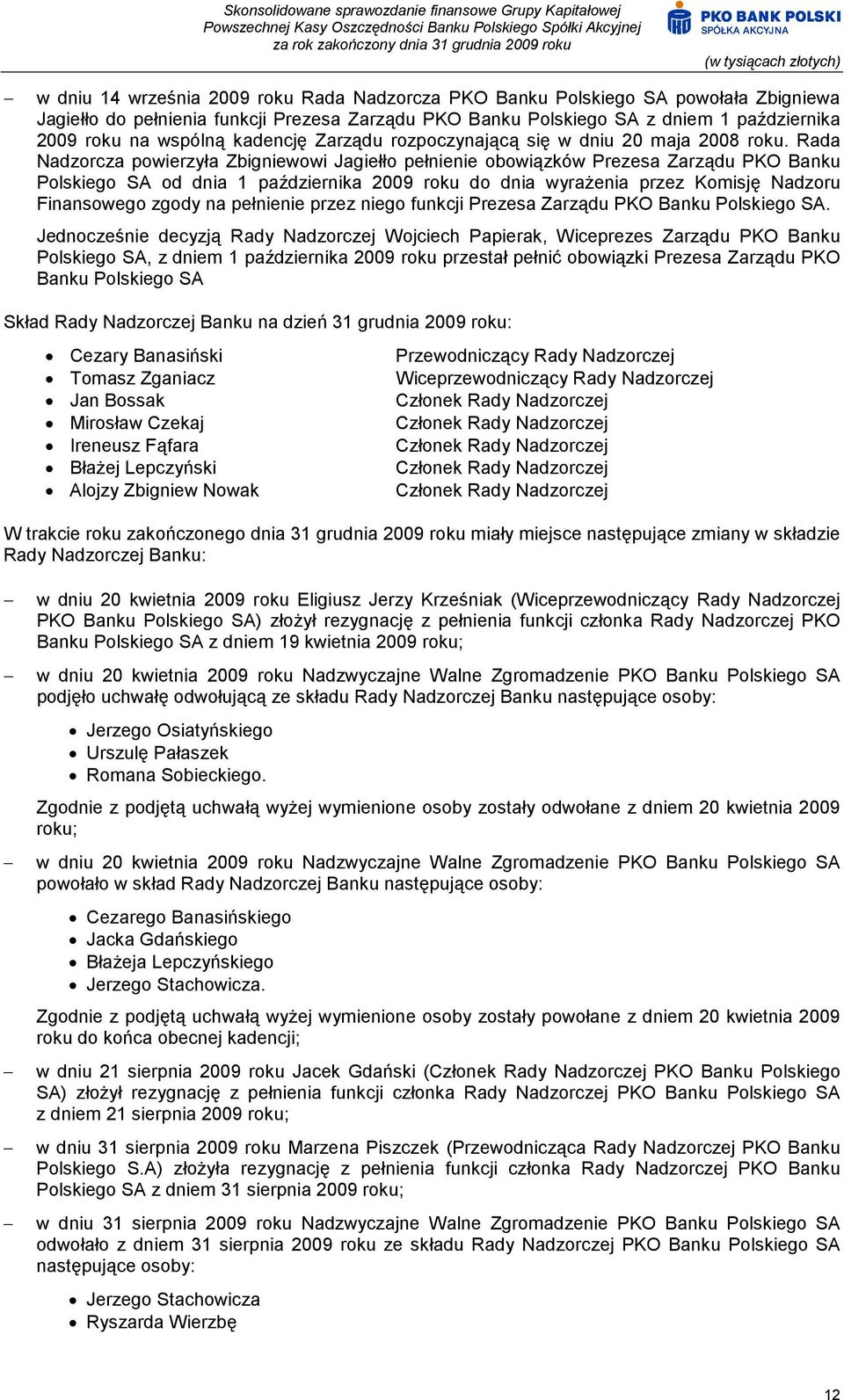 Rada Nadzorcza powierzyła Zbigniewowi Jagiełło pełnienie obowiązków Prezesa Zarządu PKO Banku Polskiego SA od dnia 1 października 2009 roku do dnia wyrażenia przez Komisję Nadzoru Finansowego zgody