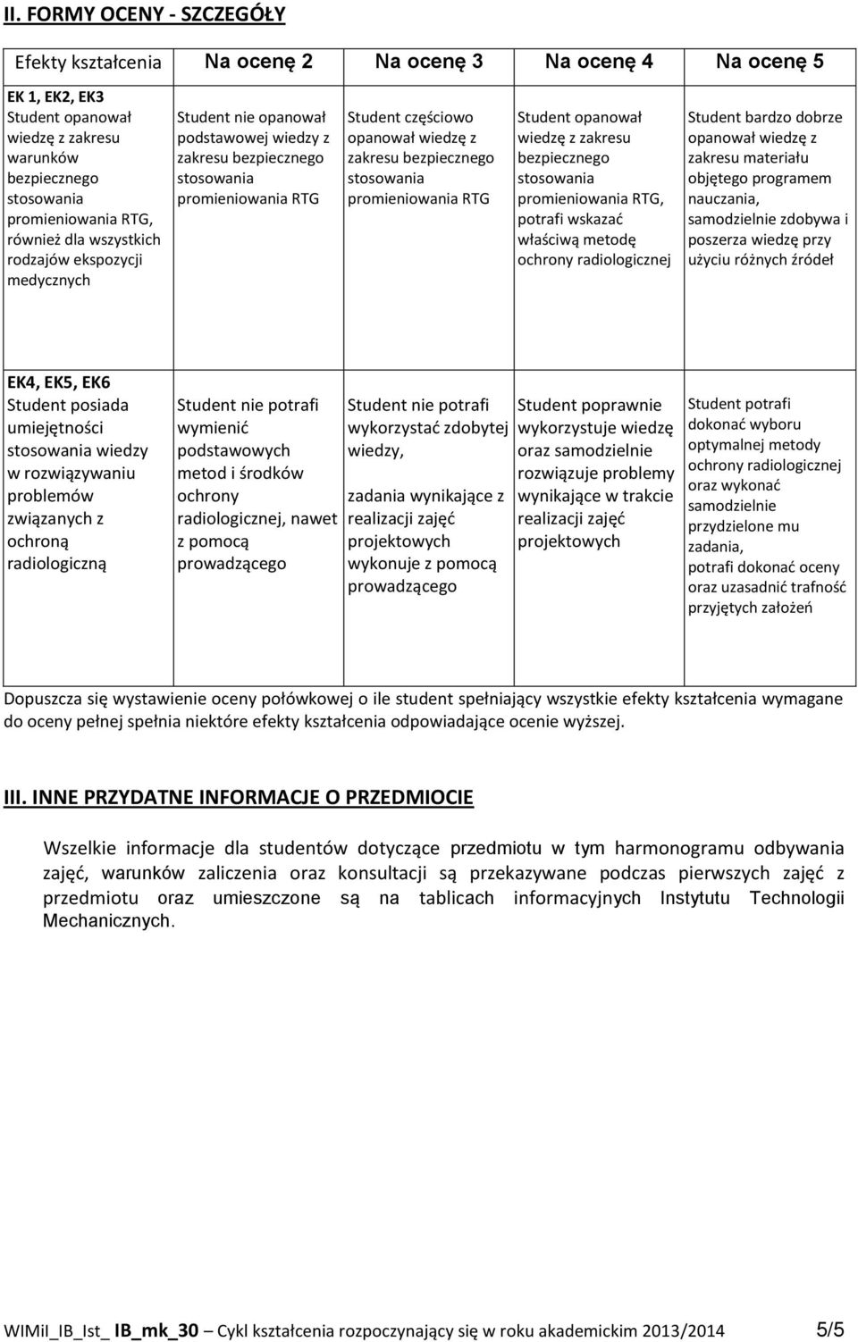 Student opanował wiedzę z zakresu bezpiecznego promieniowania RTG, potrafi wskazać właściwą metodę ochrony radiologicznej Student bardzo dobrze opanował wiedzę z zakresu materiału objętego programem