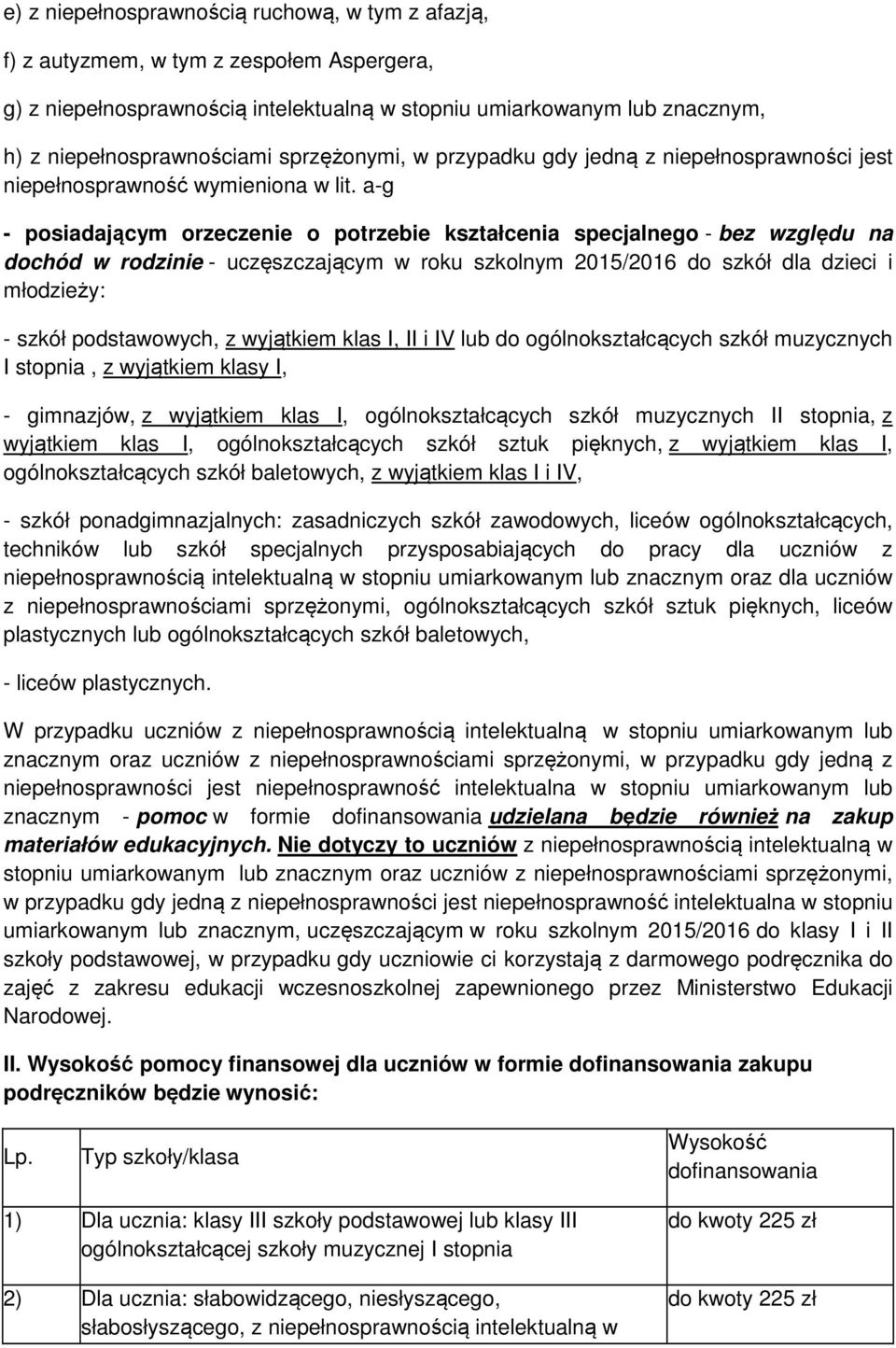 a-g - posiadającym orzeczenie o potrzebie kształcenia specjalnego - bez względu na dochód w rodzinie - uczęszczającym w roku szkolnym 2015/2016 do szkół dla dzieci i młodzieży: - szkół podstawowych,