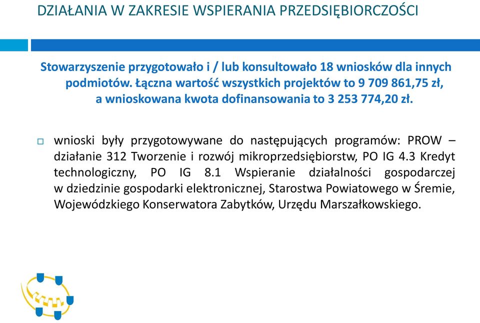 wnioski były przygotowywane do następujących programów: PROW działanie 312 Tworzenie i rozwój mikroprzedsiębiorstw, PO IG 4.