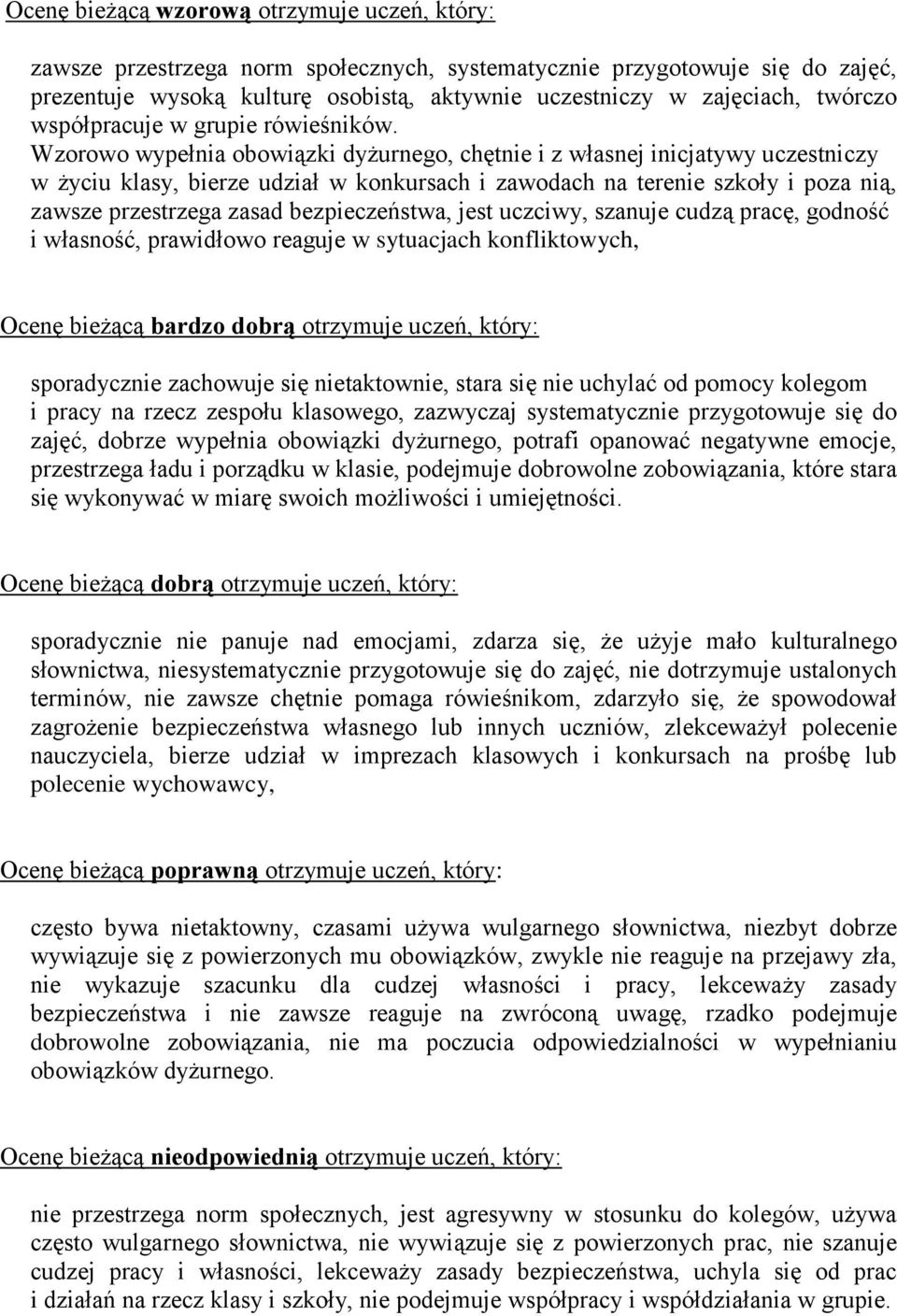 Wzorowo wypełnia obowiązki dyżurnego, chętnie i z własnej inicjatywy uczestniczy w życiu klasy, bierze udział w konkursach i zawodach na terenie szkoły i poza nią, zawsze przestrzega zasad