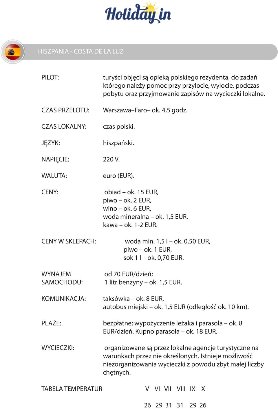 od 70 EUR/dzień; 1 litr benzyny ok. 1,5 EUR. taksówka ok. 8 EUR, autobus miejski ok. 1,5 EUR (odległość ok. 10 km).