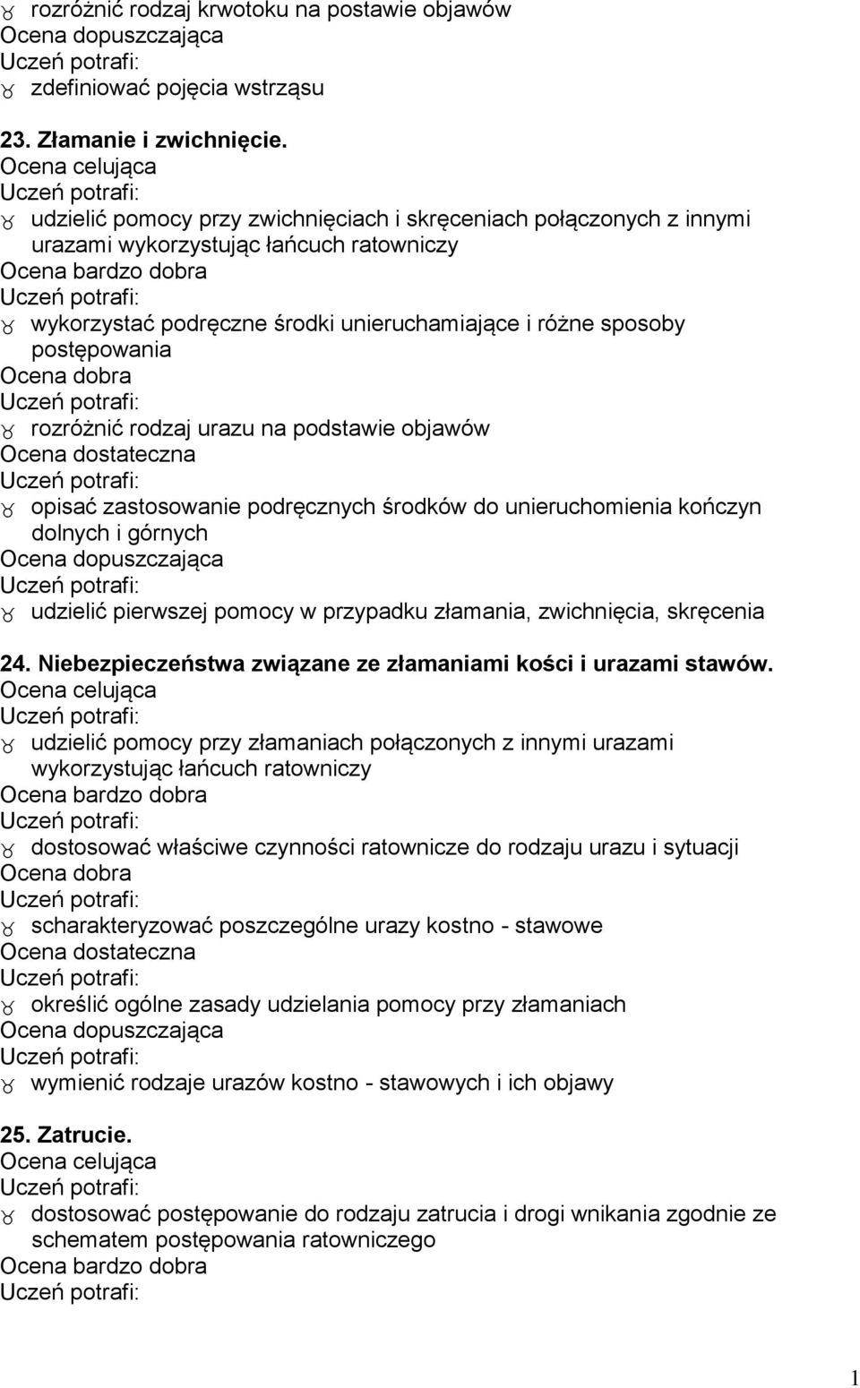 rodzaj urazu na podstawie objawów opisać zastosowanie podręcznych środków do unieruchomienia kończyn dolnych i górnych udzielić pierwszej pomocy w przypadku złamania, zwichnięcia, skręcenia 24.